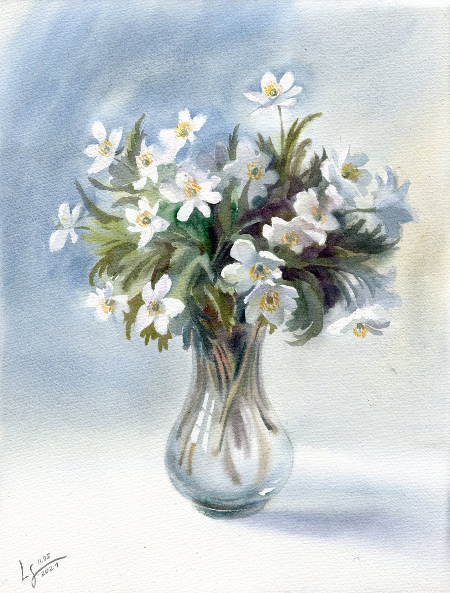 Photorealistic Botanical Watercolour By Svitlana Lagutina, 12 X 16", Early Flowers In A Glass Vase, Original Artwork