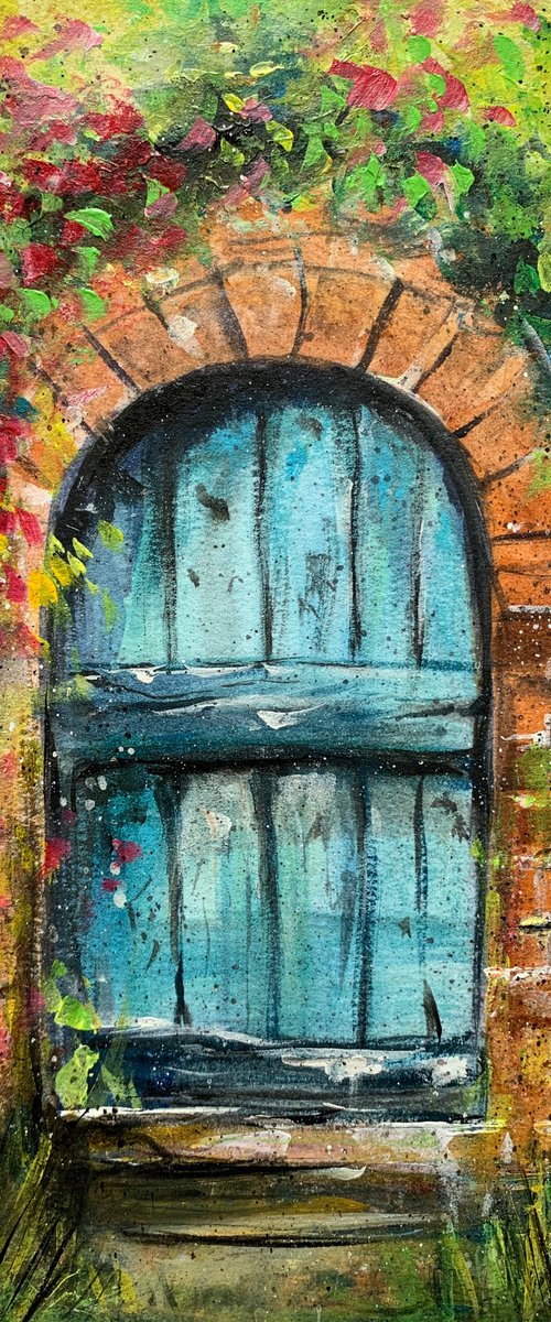 Old teal door ! A4 size Painting on paper by Amita Dand