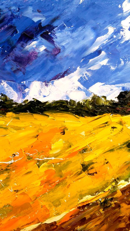 Ukraine Painting Landscape Original Art Sunflower Field Oil Impasto Palette Knife Small Home Wall Art 16 by 12" by Halyna Kirichenko by Halyna Kirichenko
