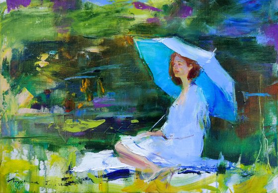 Summer day Girl with umbrella Original plein air oil painting .
