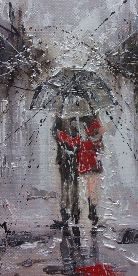 " WALKING IN THE RAIN III " original painting CITY palette knife