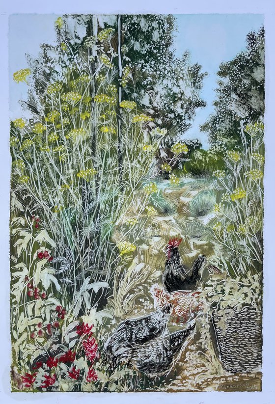 rooster and hens in the garden
