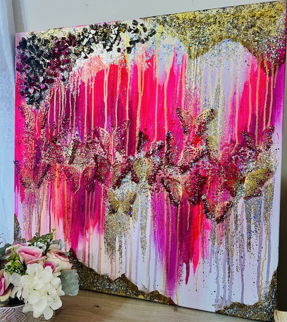 Pink butterflies with red glitter glass abstract  gold painting