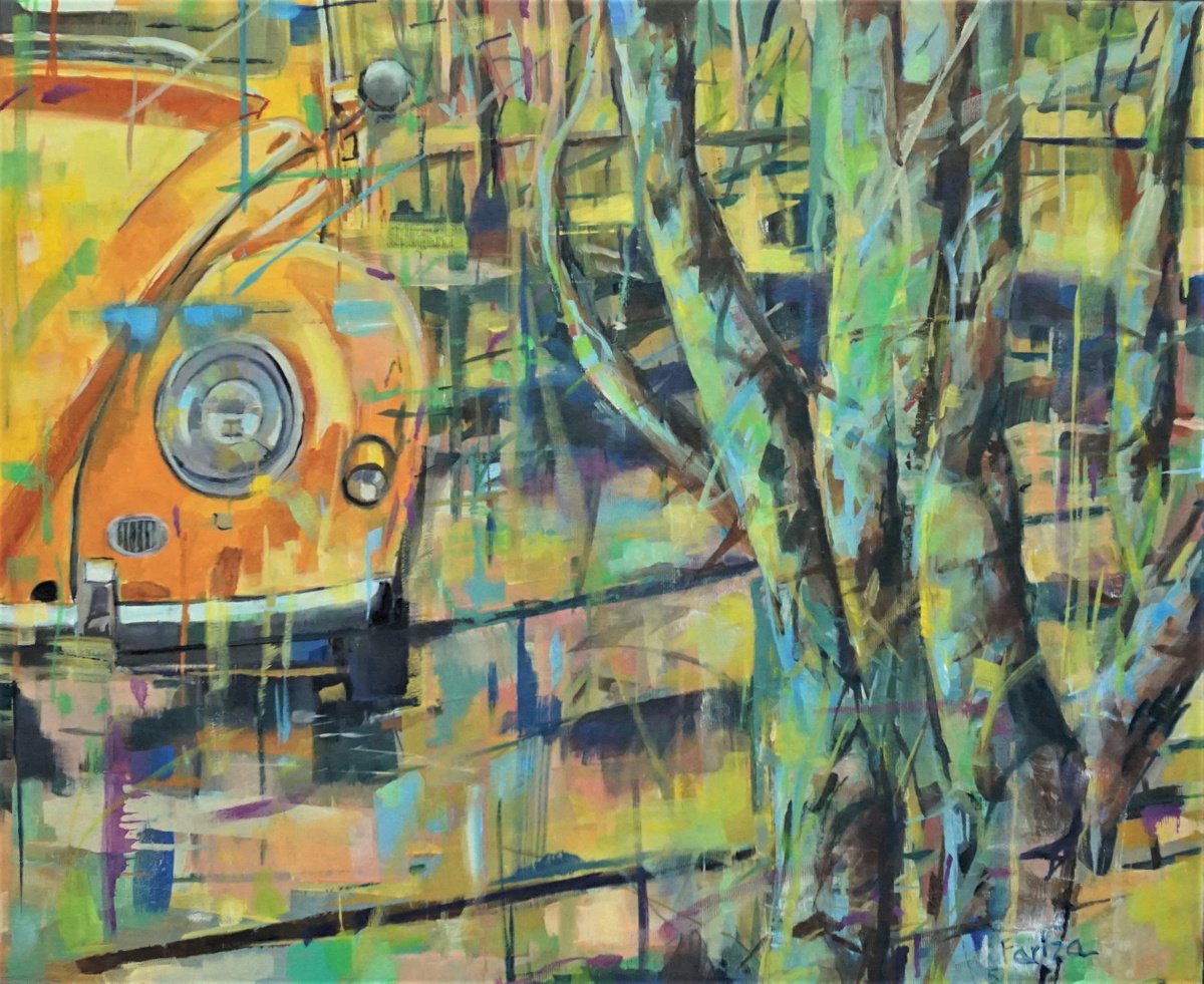 Impressionistic Landscape Oil Painting By Amaya Fernandez Fariza, 26 X 21, Car In Yellow, Original Artwork