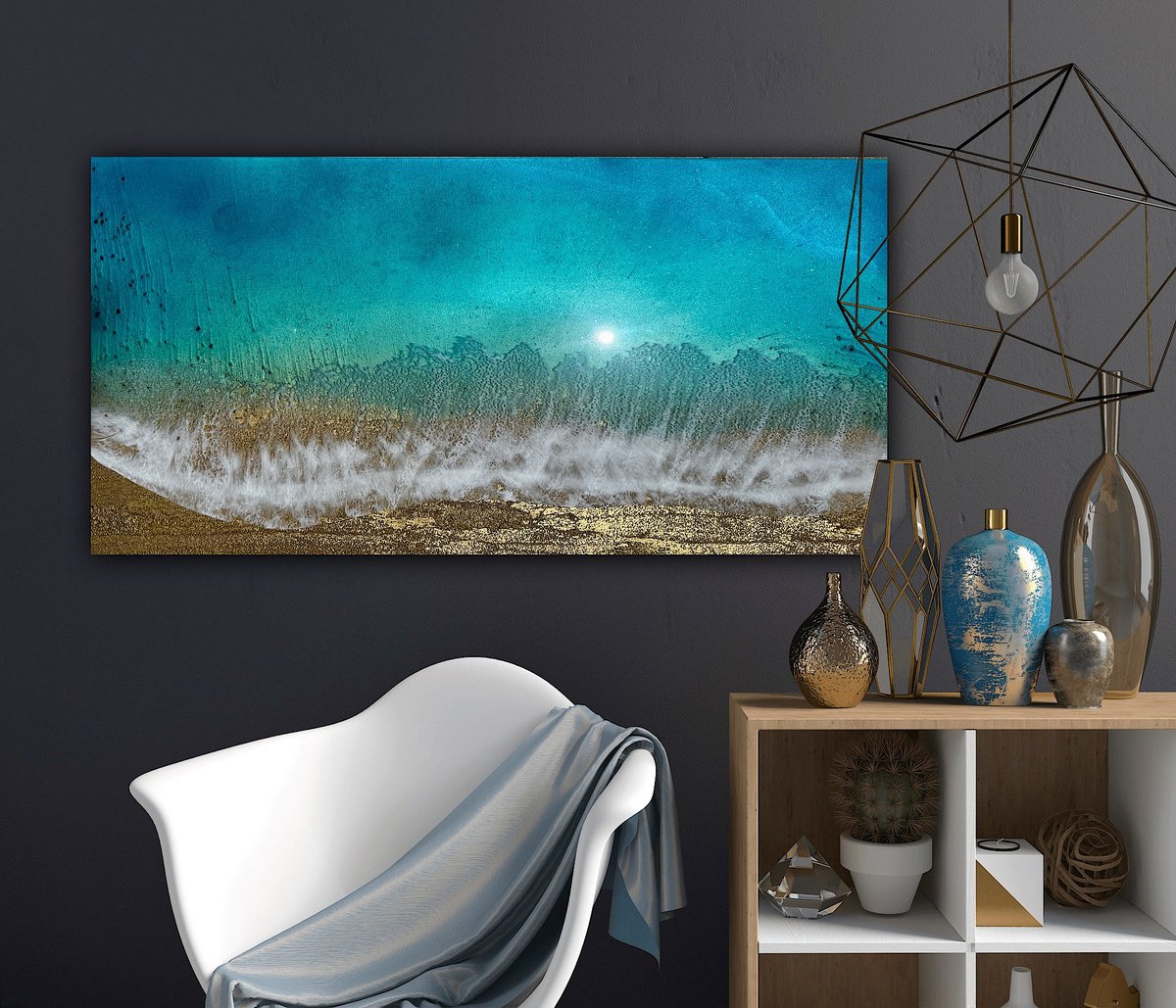 Photorealistic Landscape Acrylic Painting By Ana Hefco, 48 X 24, Gold Glimmers Of Hope, Original Artwork