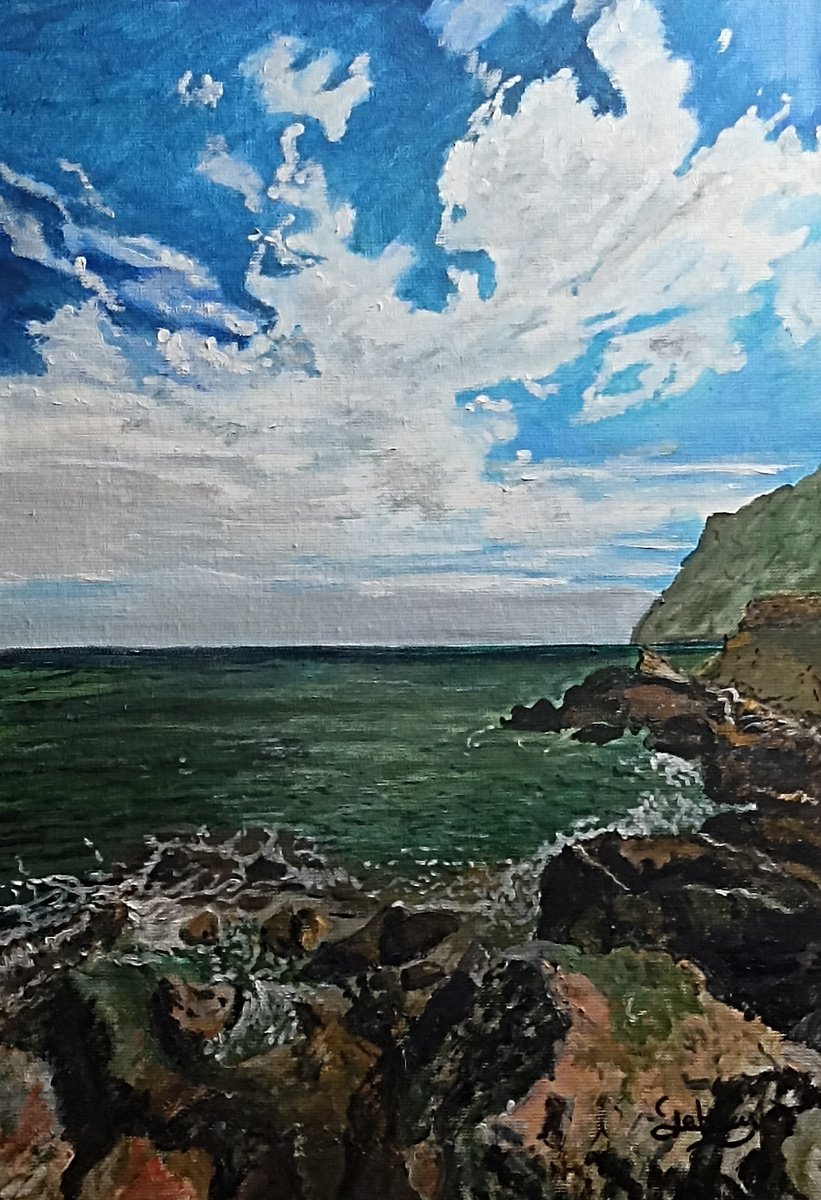 Impressionistic Landscape Oil Painting By Isabelle Lucas, 15 X 22, Sea And Rocks, Original Artwork