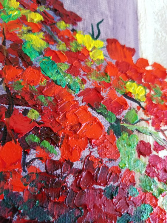Red Flowers in a Vase. Bougainvillea. Gorgeous Spanish Landscape. Summer Day. Spectacular Oil Painting on Canvas. Home Decor. Floral Oil Painting. Room Accent.