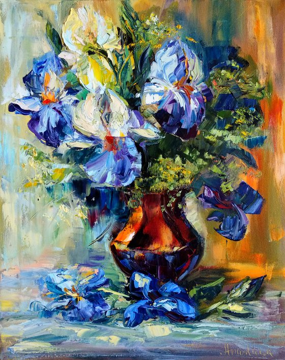 Bright Bouquet of Flowers Sunny Still Life in Vase Impasto Painting Irises Floral Art