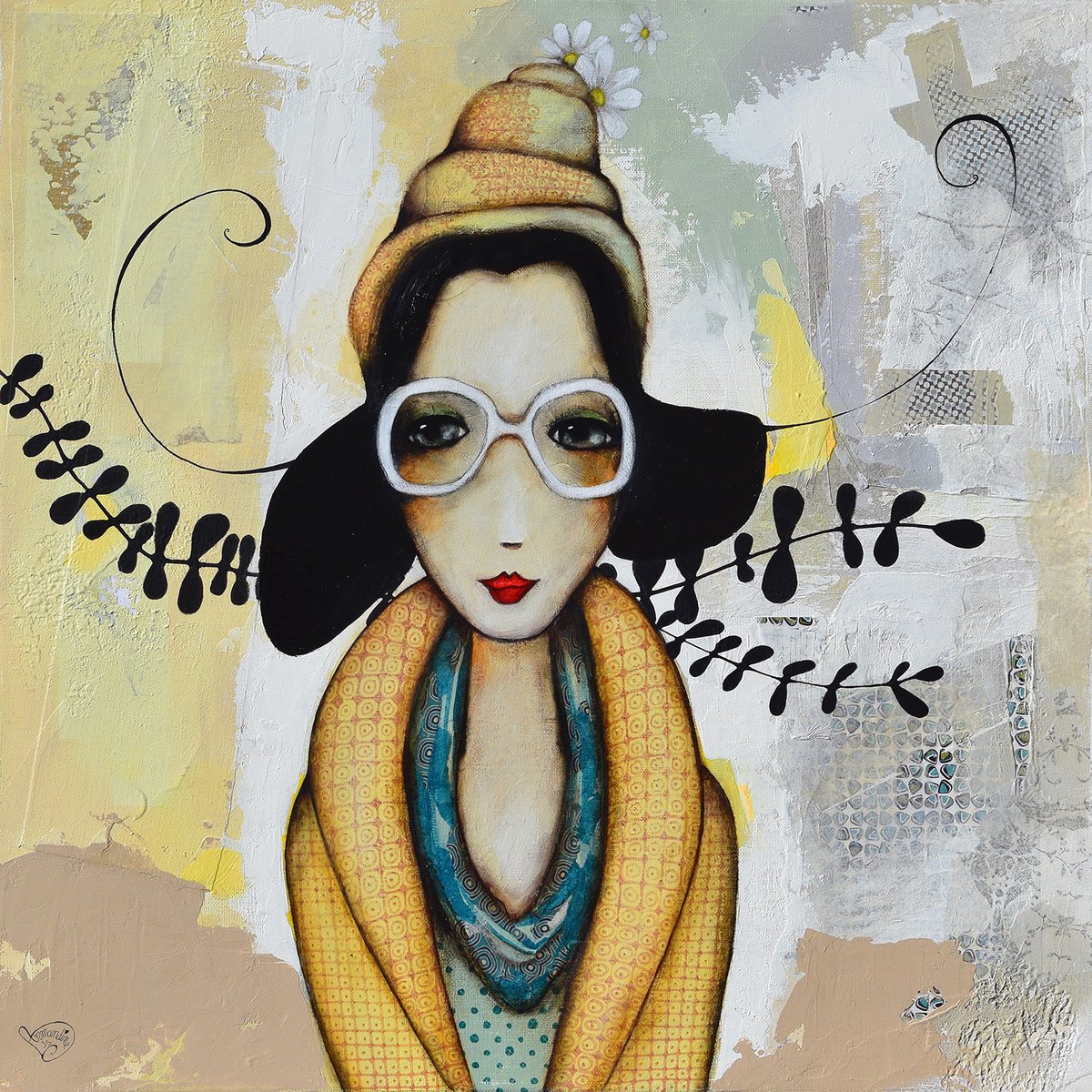 Illustrative Portrait Acrylic Painting By Armandine Js, 20 X 20, Point De Vue, Original Artwork