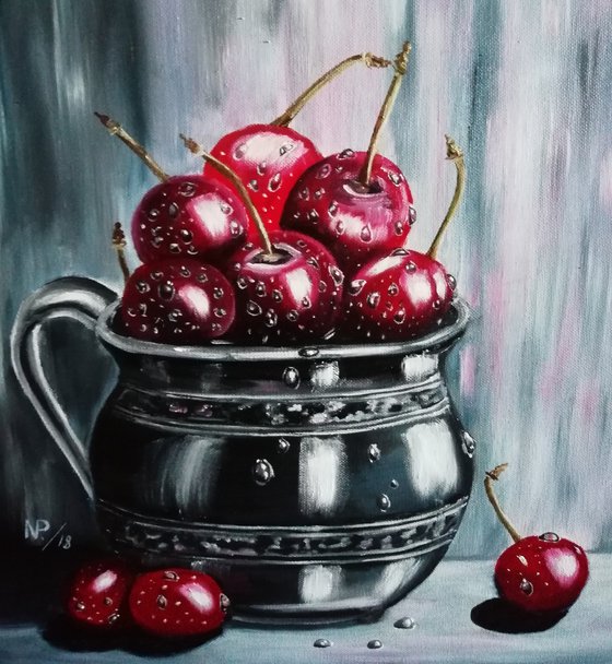 Cherries obsession, still life, fruit, original canvas painting, oil art, wall decor