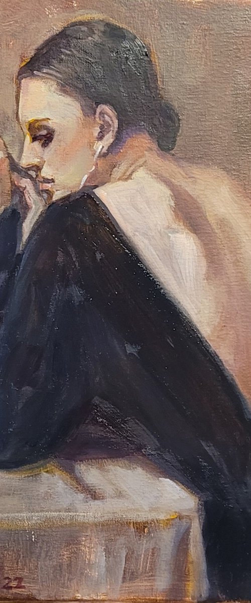 Woman in Black, Contemporary Oil painting Figurative by QI Debrah