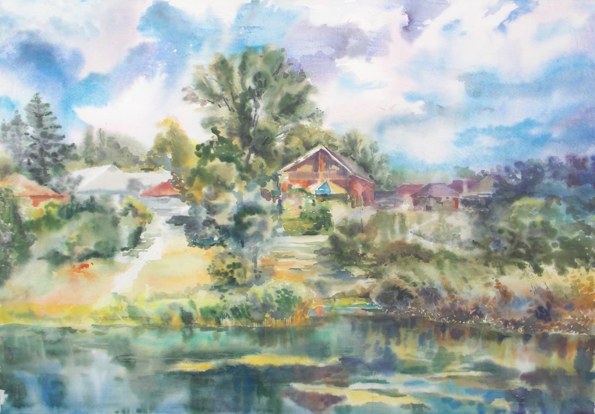 Impressionistic Landscape Watercolour By Yurii Pashkov, 36 X 25", In Summer, Original Artwork