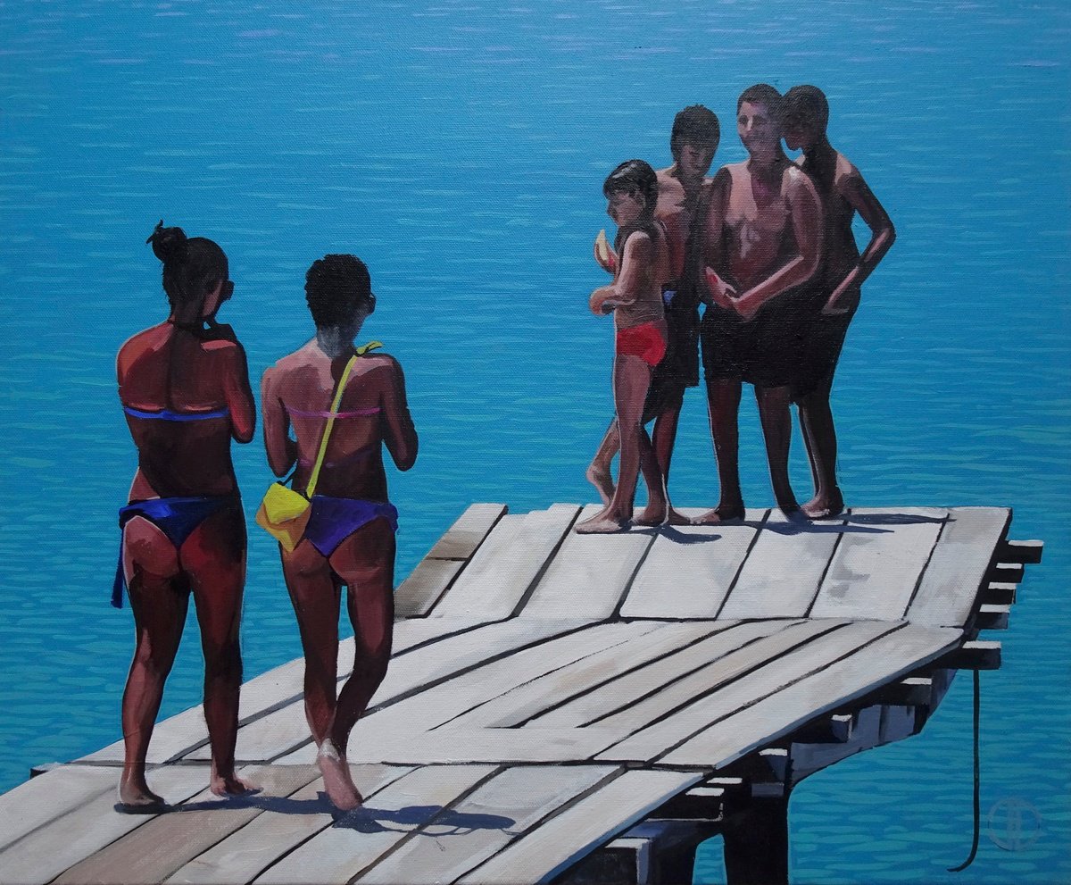 Impressionistic Landscape Acrylic Painting By Joseph Lynch, 24 X 20, Shy Boys, Original Artwork