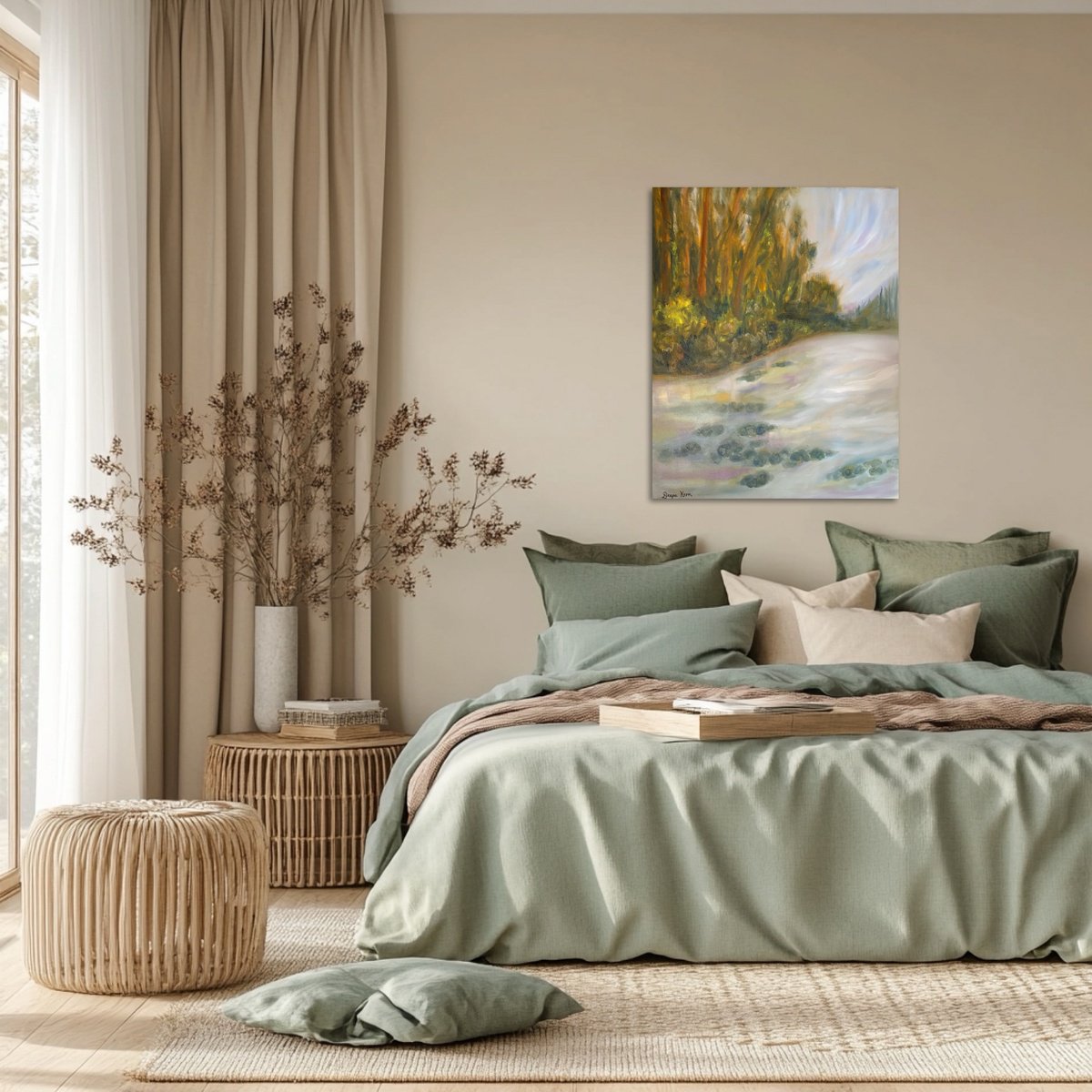 Impressionistic Landscape Oil Painting By Deepa Kern, 26 X 33, Quiet Waters, Original Artwork