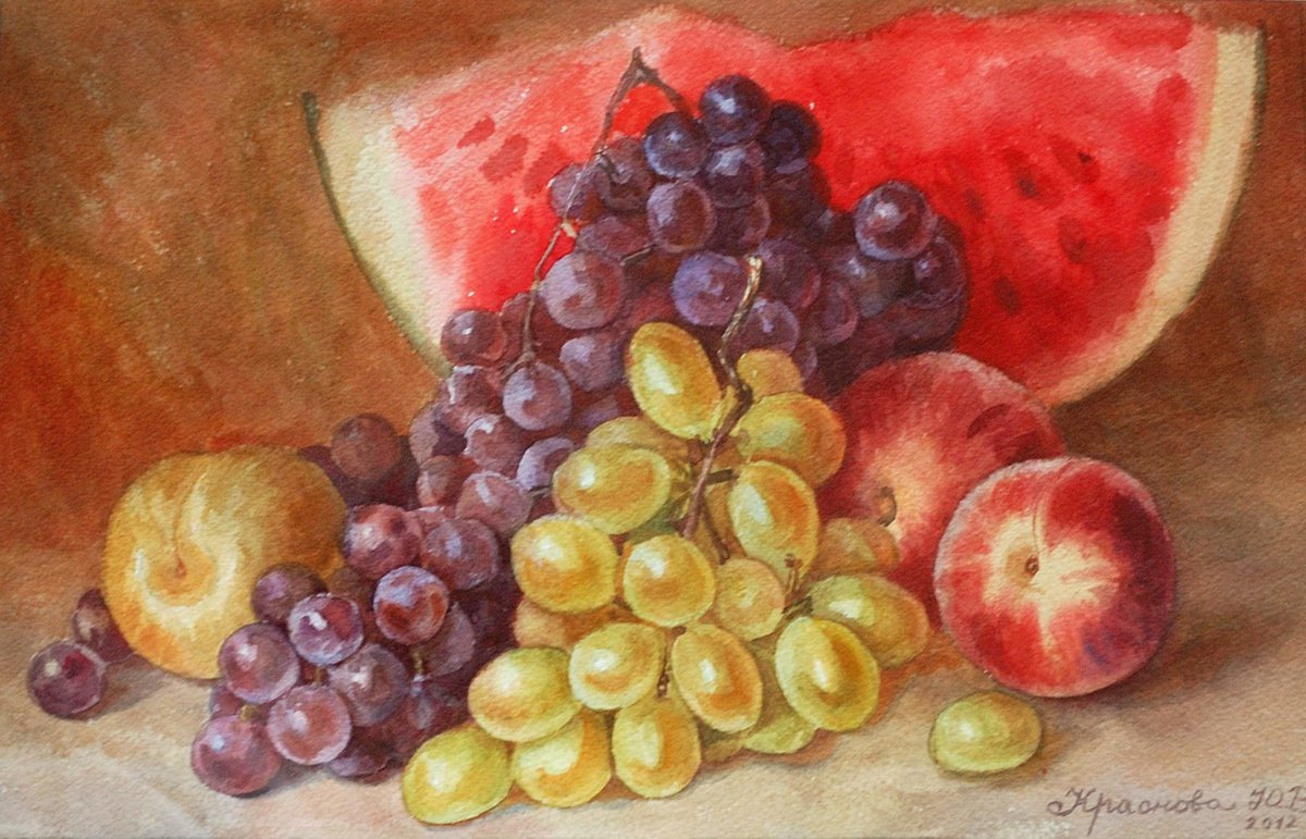 Photorealistic Still Life Watercolour By Yulia Krasnov, 16 X 10", Juicy Fruits, Original Artwork