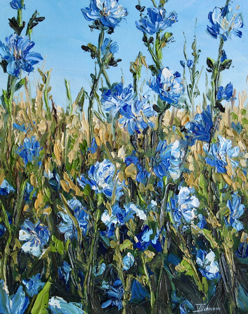 Impressionistic Botanical Oil Painting By Liza Illichmann, 9 X 12", Whispers In Blue, Original Artwork