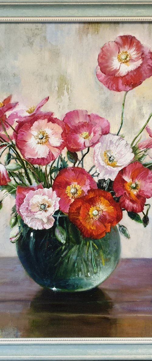 "Poppies in a green vase".   poppies still life flowers liGHt original painting  GIFT (2019) by Anna Bessonova (Kotelnik)