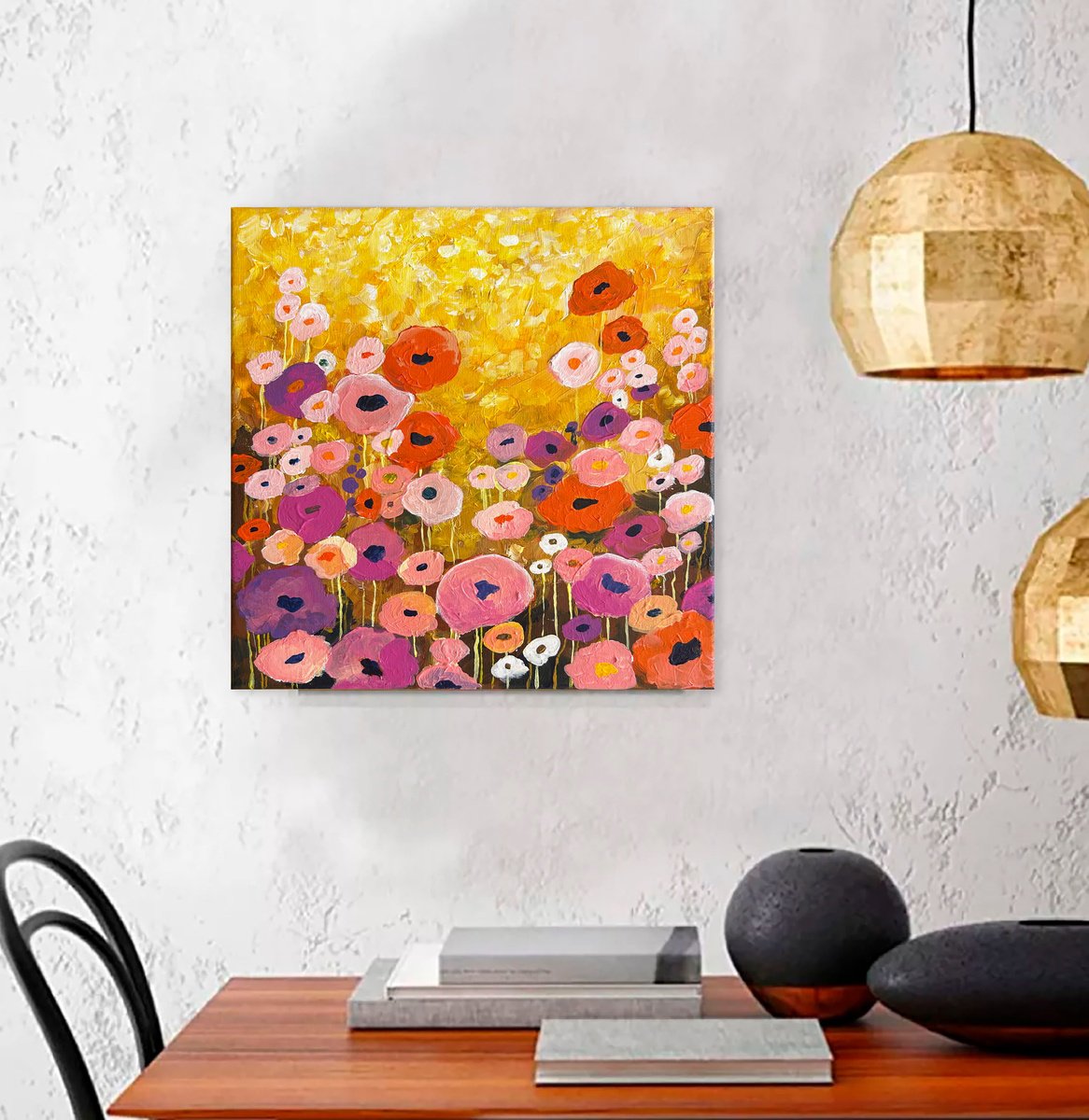 Expressive Botanical Acrylic Painting By Alexandra Dobreikin, 12 X 12, Flower Meadow, Original Artwork