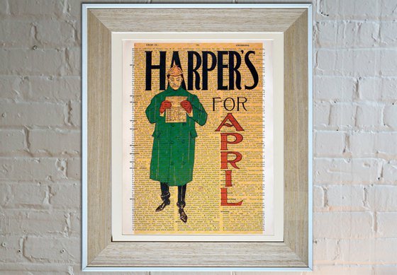 Harpers for April - Collage Art Print on Large Real English Dictionary Vintage Book Page