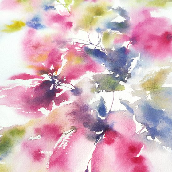 Pink abstract flowers, watercolor