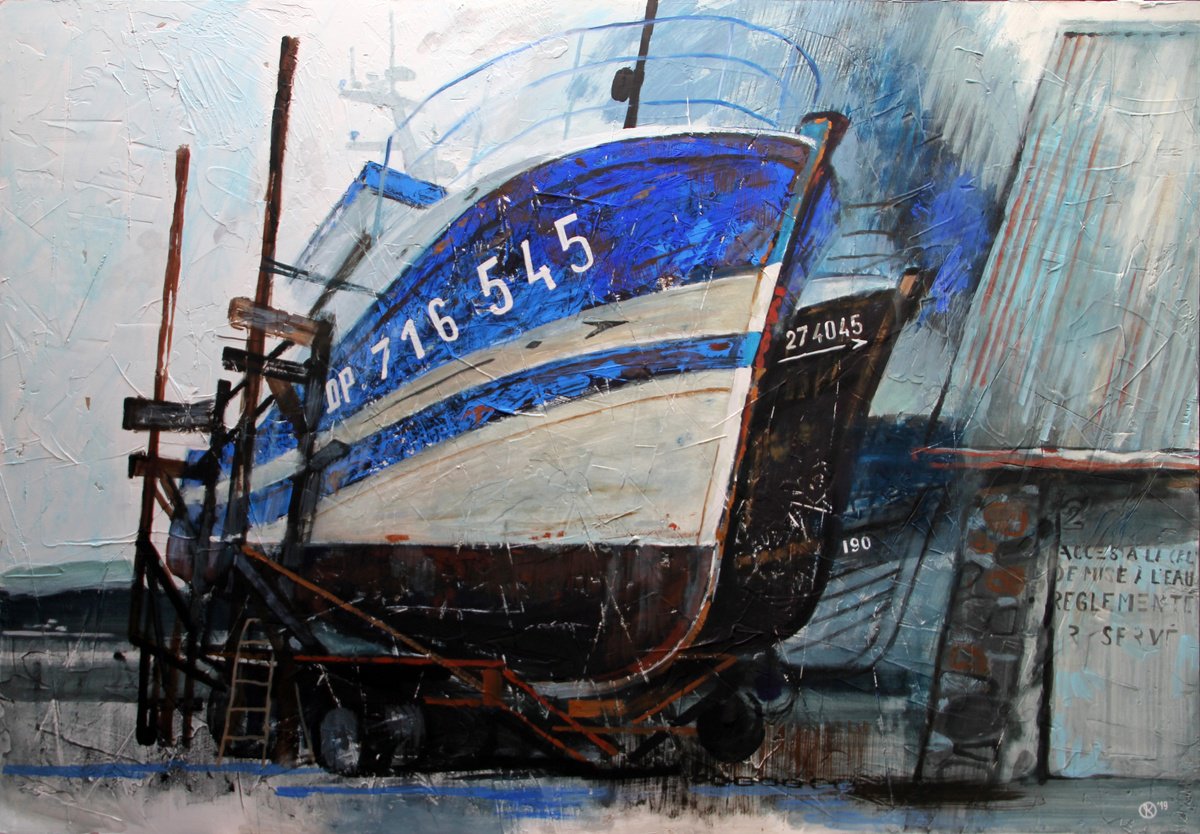 Impressionistic Landscape Acrylic Painting By Olga Kataeva-Rochford, 39 X 28", Gallic Blue, Original Artwork