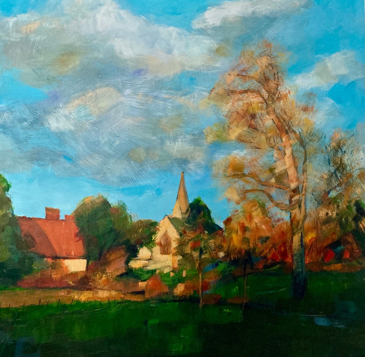 Expressive Landscape Acrylic Painting By Stuart Roper, 22 X 22", Sunset In Ardington, Original Artwork