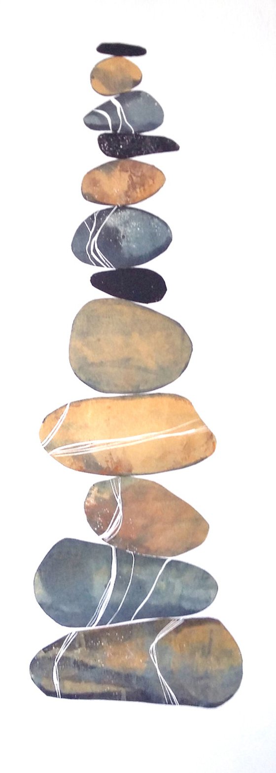 Zen stones - Twelve stones #10  ( banded balancing stones lino/monoprint)