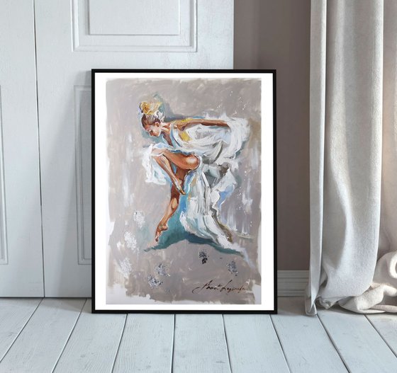 Elegance dancer girl oil painting. Dancing lady artwork. Ballerina in white dress