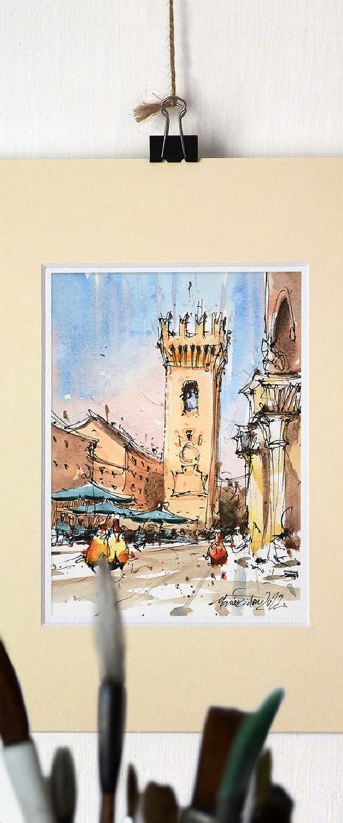 Italian town urban sketch,Original ink and watercolor painting sketch on paper, 2022 by Marin Victor