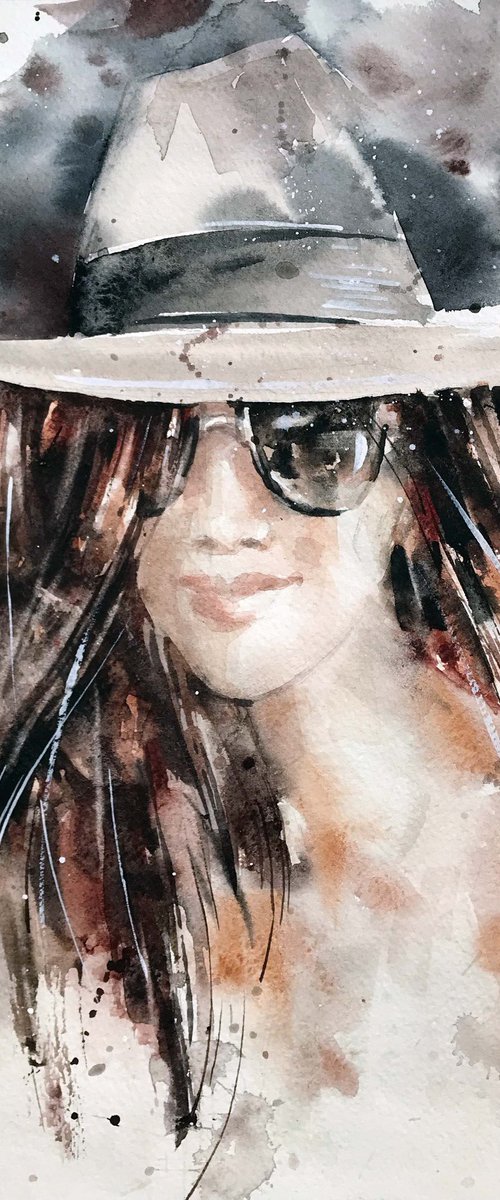 White hat. Portrait. one of a kind, original painting. by Galina Poloz