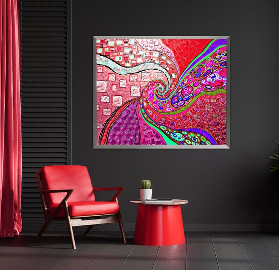 Viva Magenta Love - large red abstract painting, vivid spiral