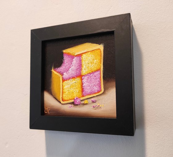 Little Battenberg cake slice still life