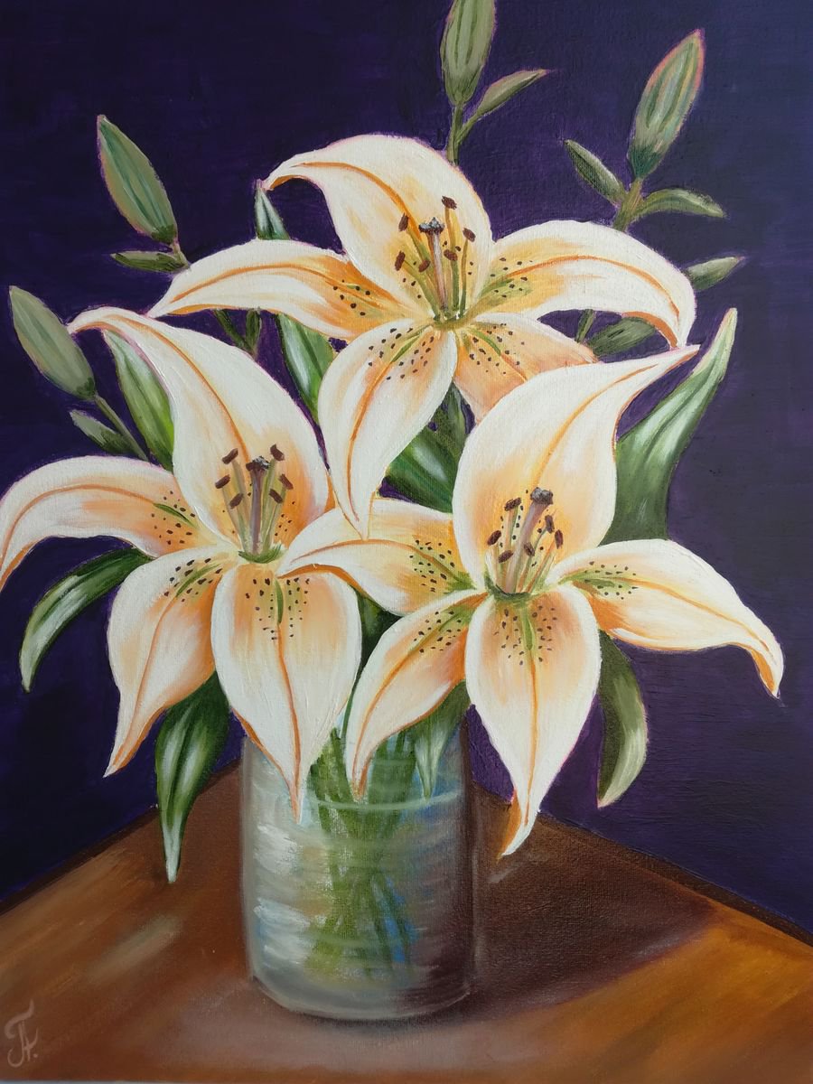 Lilies in vase, Oil Painting, Gift idea, Original Art For Wall, Modern Wall Decor, by Nataliia Plakhotnyk