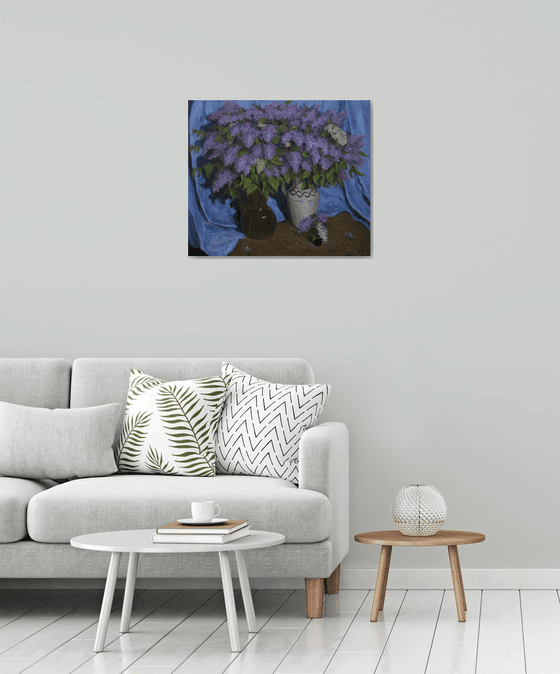 The Still Life With Lilacs And The Blue Curtain - Lilacs painting