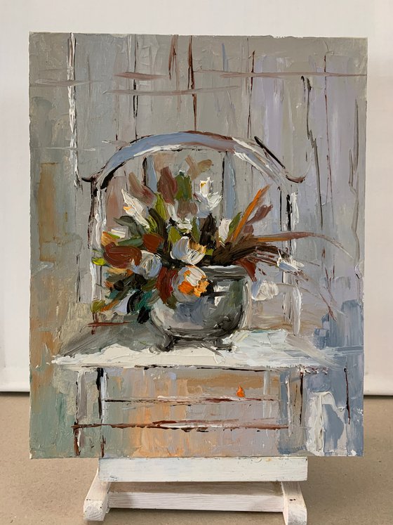 Flowers in a silver pot