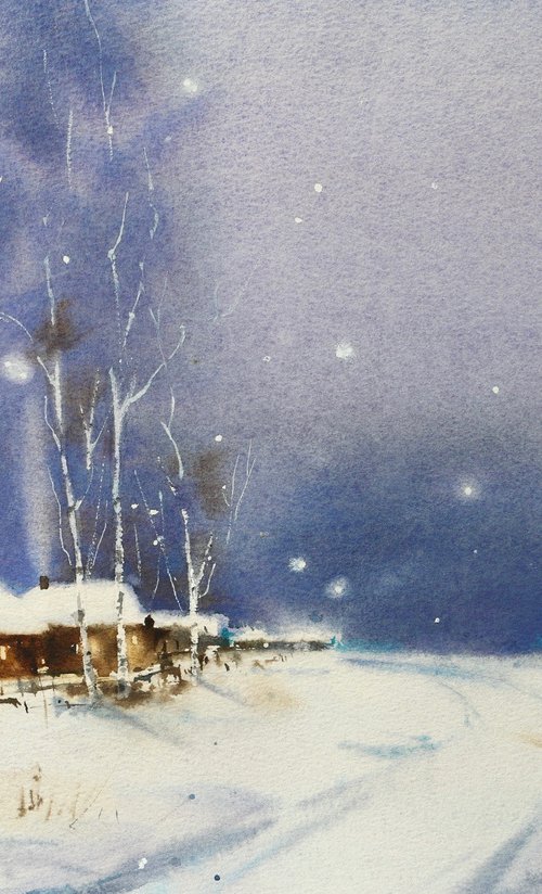 Evening in the village. Winter landscape. Original watercolor artwork. by Evgeniya Mokeeva