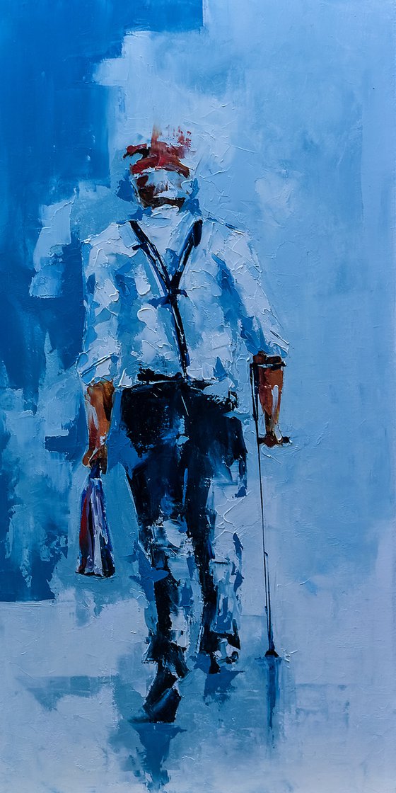 Old man walking on the street. Figurative art