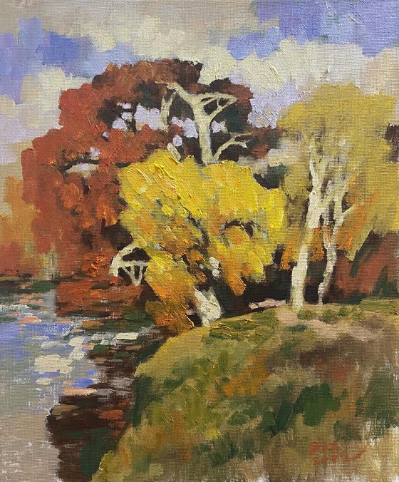 Original Oil Painting Wall Art Artwork Signed Hand Made Jixiang Dong Canvas 25cm × 30cm Trees in Autumn Park small  Impressionism