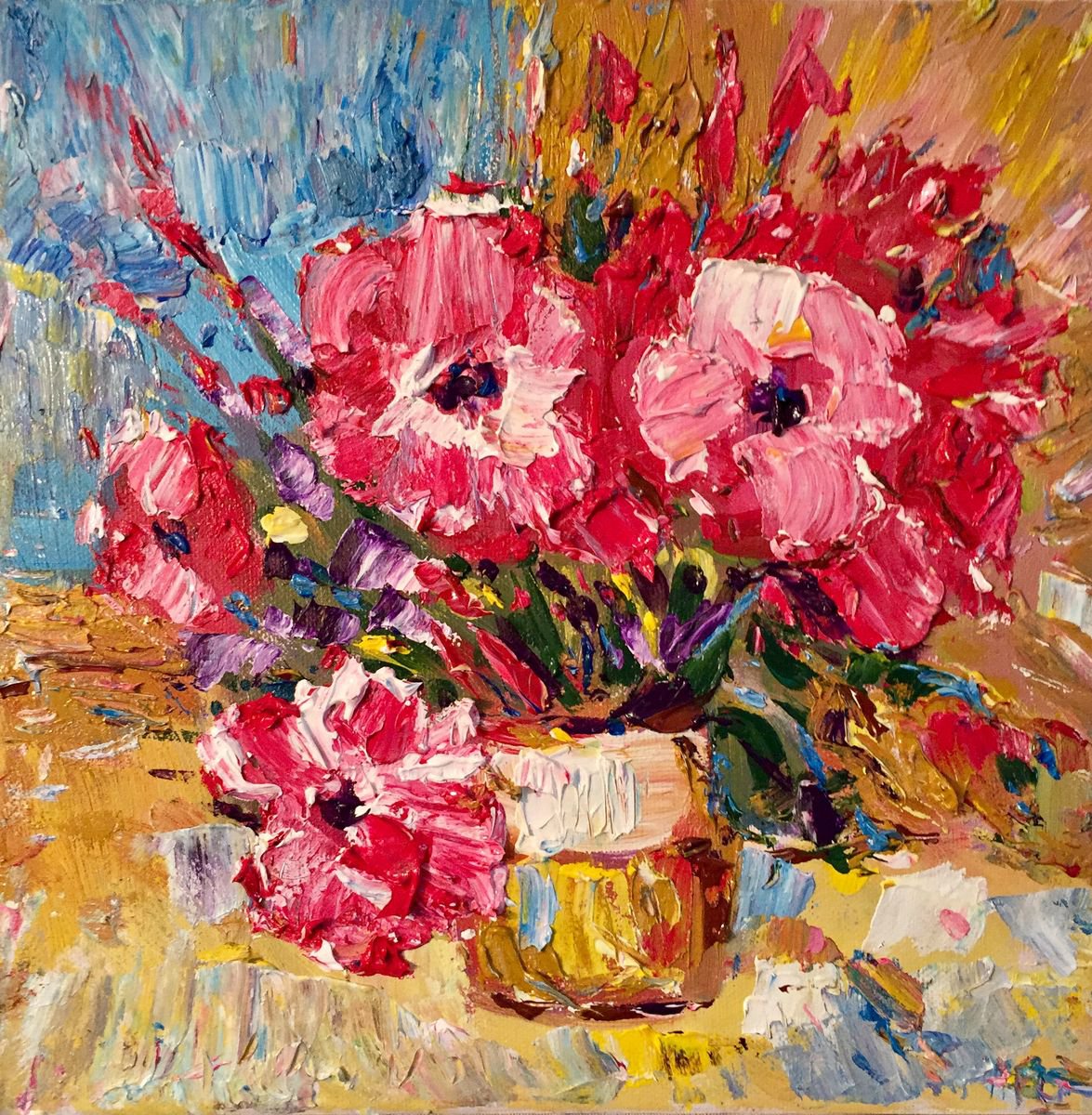 Expressive Botanical Acrylic Painting By Altin Furxhi, 13 X 13, Red Flowers., Original Artwork
