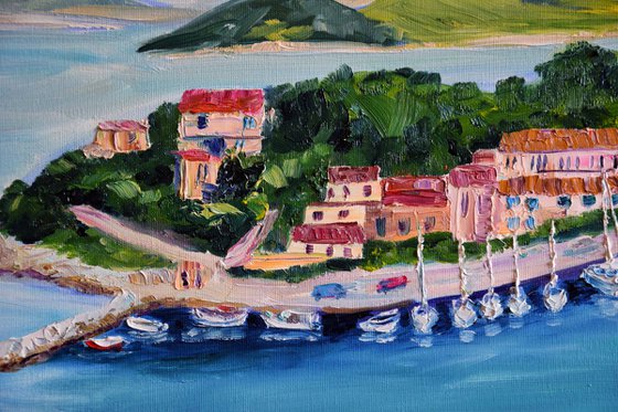 Ships seascape large oil painting on canvas, Greece panorama, coastal home decor