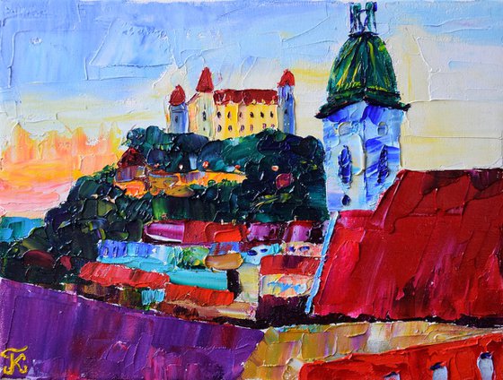 Sunset city Impasto OIL PAINTING on canvas Bratislava Castle in Slovakia, palette knife impressionistic art