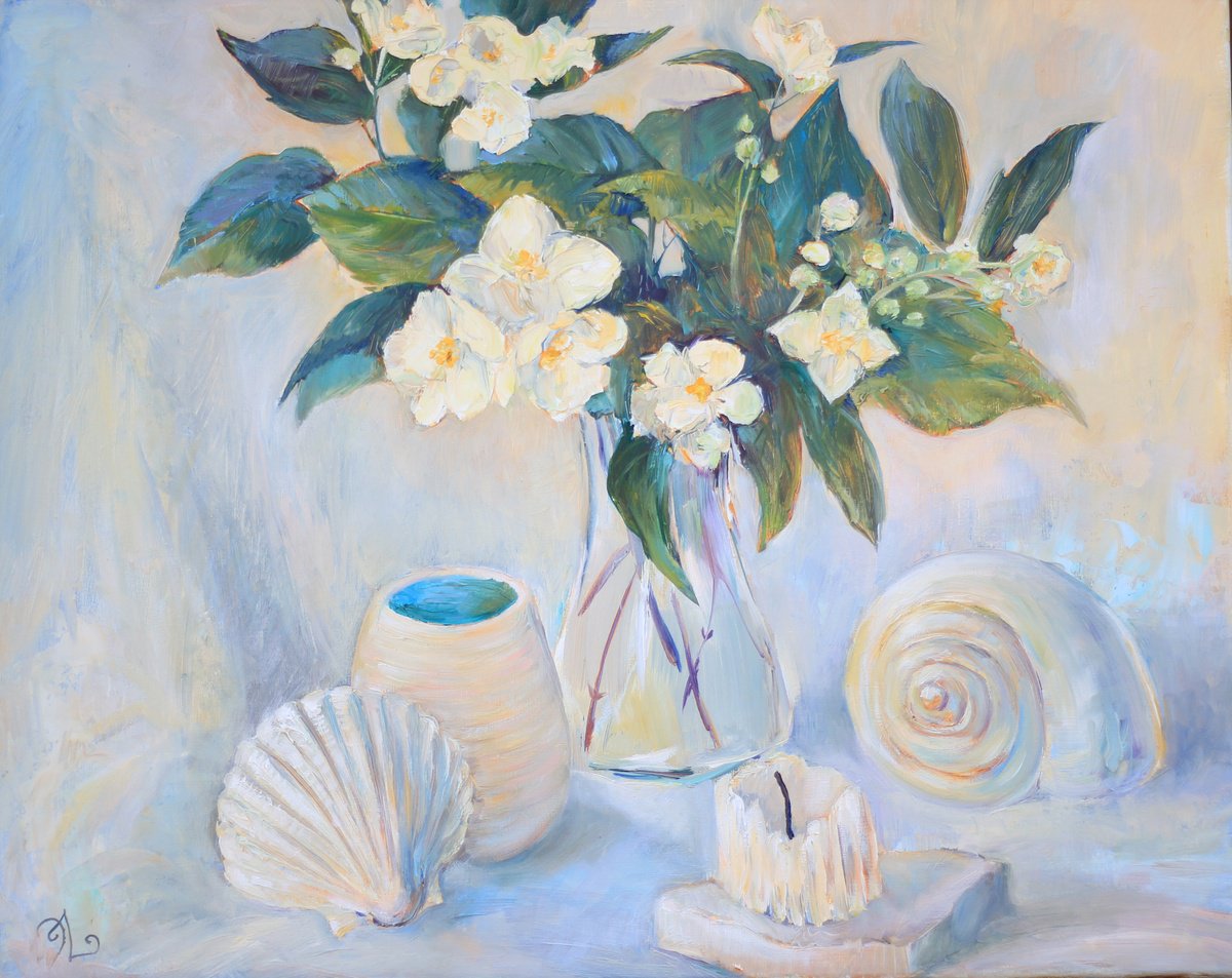 Impressionistic Botanical Oil Painting By Elina Vetrova, 20 X 16, Jasmine, Original Artwork