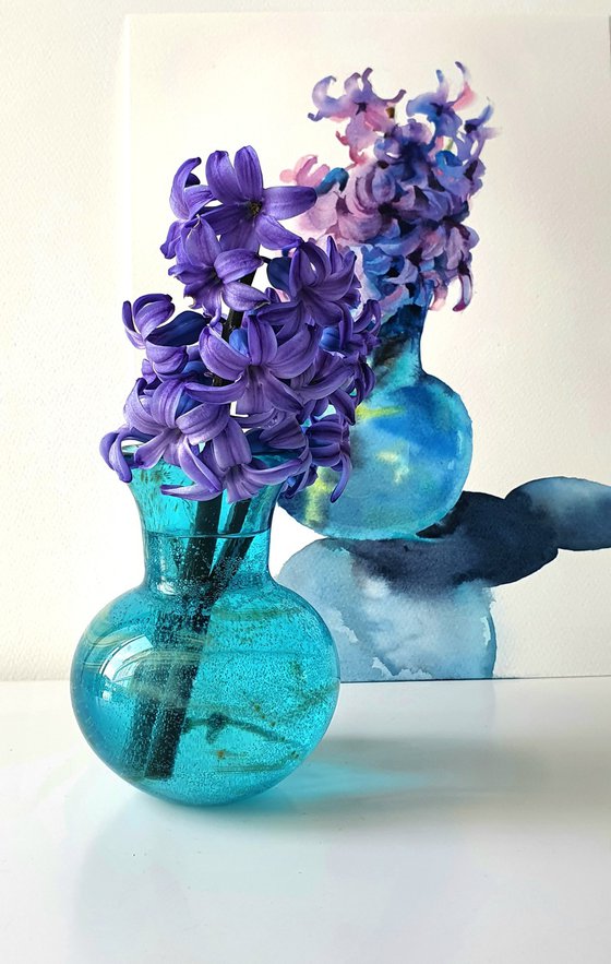 Spring Serenity: Violet Hyacinths in the azure Vase