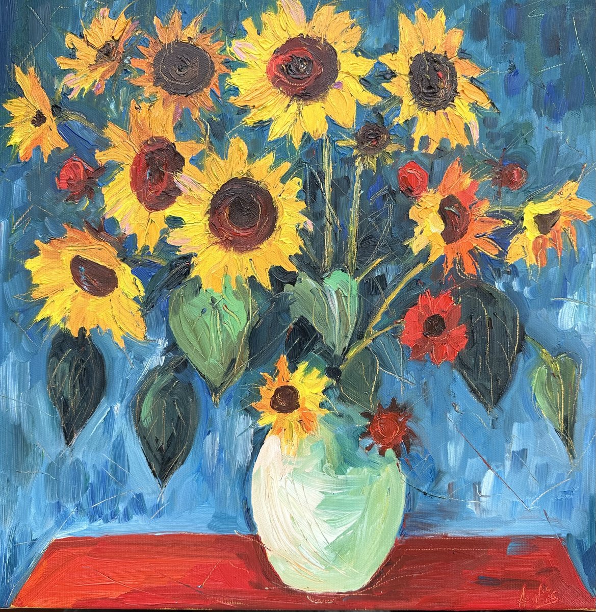 Impressionistic Botanical Oil Painting By Irina Anis, 16 X 16, Sunflowers In A Vase, Original Artwork