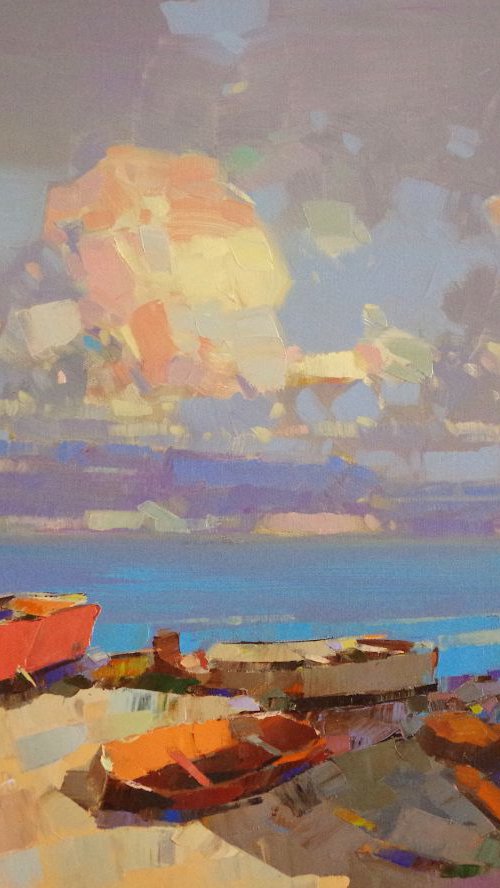 Rowboats, Seascape Original oil painting by Palette Knife, Handmade artwork, One of a kind Signed with Certificate of Authenticity by Vahe Yeremyan