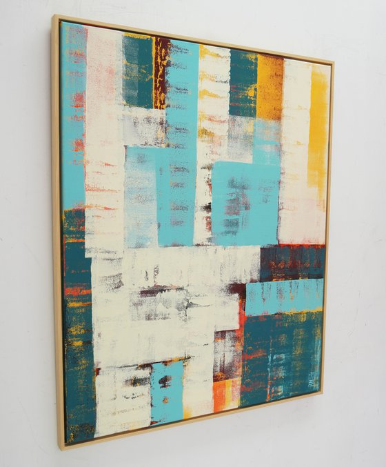 Vertical Abstract Painting - Incl Frame - Untitled in Yellow- 95x115cm - Ronald Hunter - 16J