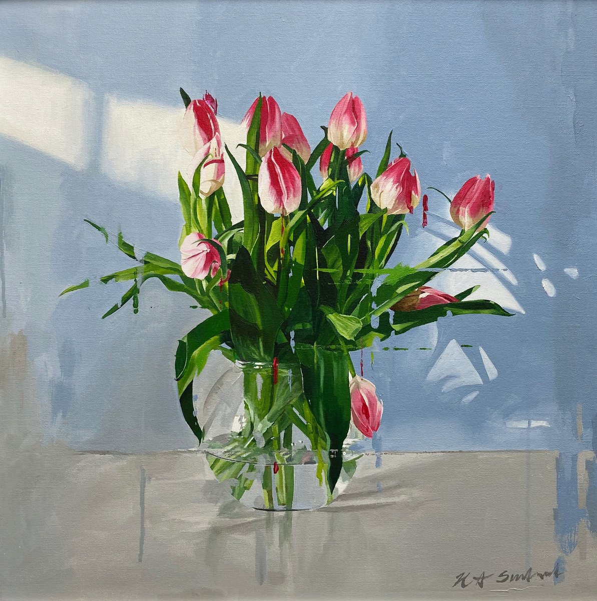  Tulips In Glass Vase By Helen Sinfield, 24 X 24, Artwork For Sale On Artfinder