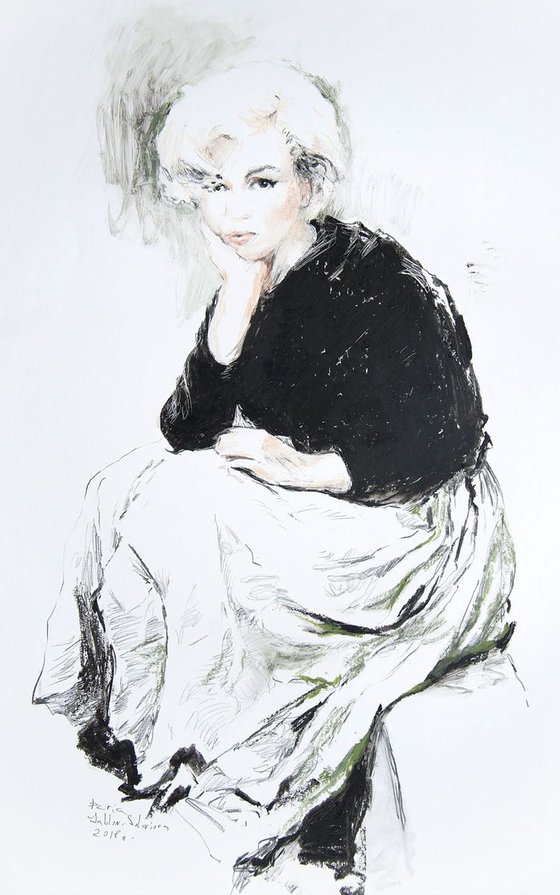 Sitting Marilyn Monroe - 14x19in contemporary minimalistic mixed media drawing