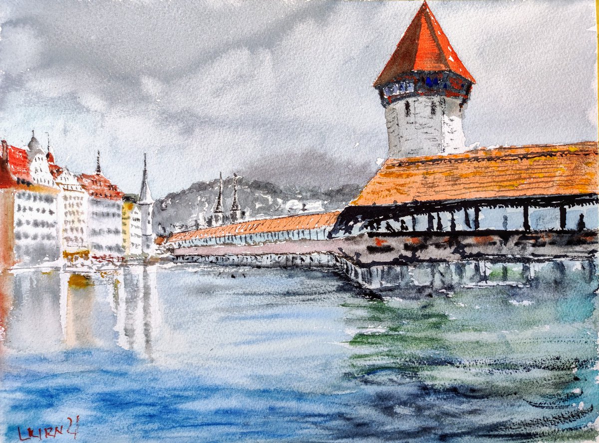 Impressionistic Cityscapes Watercolour By Leonid Kirnus, 15 X 11", Luzern, Original Artwork