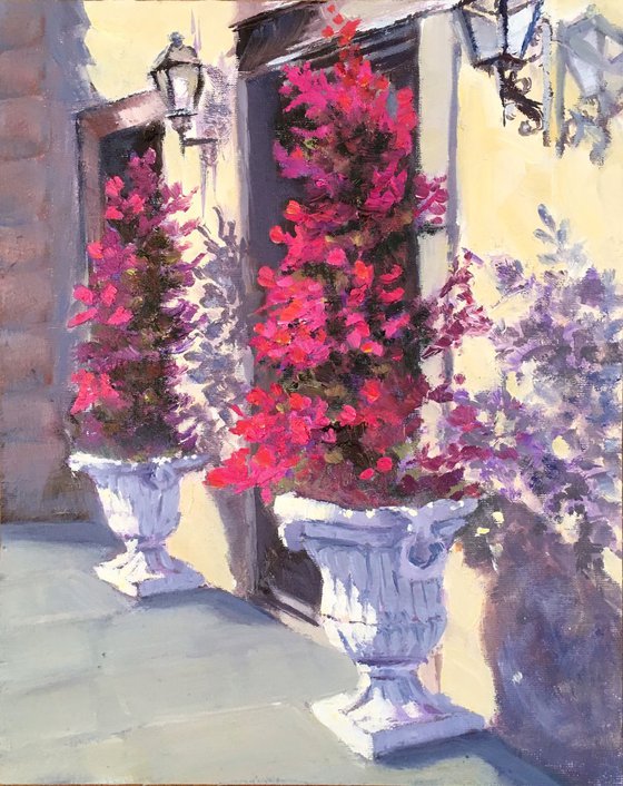 Italy Cityscape - Flowers in Florence - One of a kind artwork, Home decor, Pink